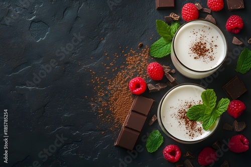 Fototapeta Naklejka Na Ścianę i Meble -  Chocolate Raspberry Dessert Drinks on Dark Stone