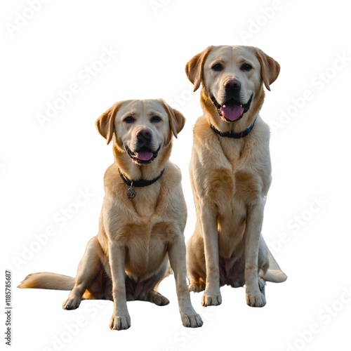 2 playful golden retrievers isolated Golden Retriever, 12 years old and 3 months old, sitting in fron Golden Retriever dogs close-up against a white background


 photo