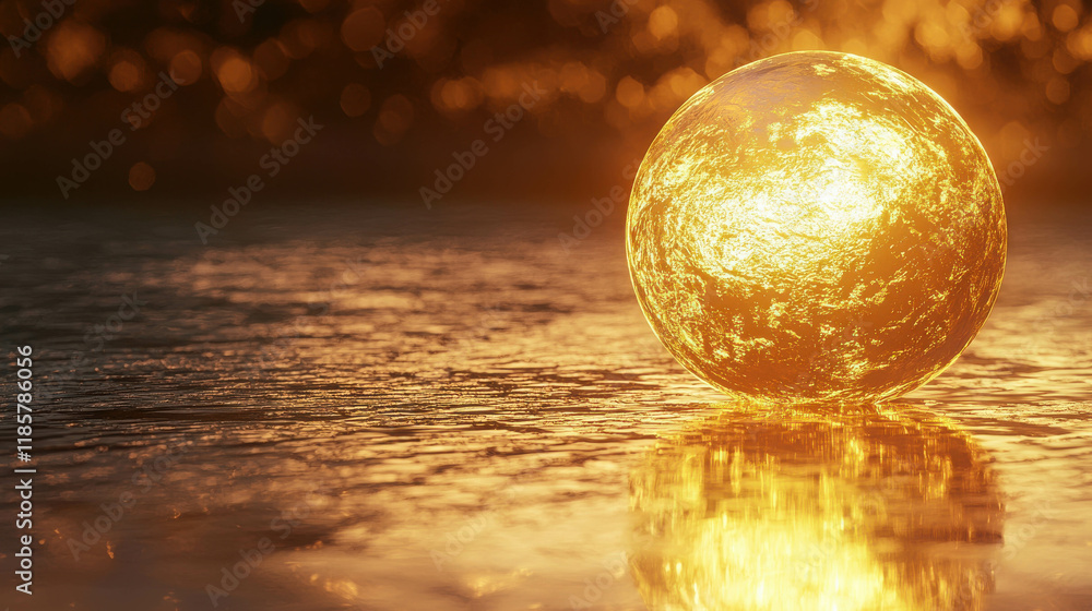 Fototapeta premium Glowing Golden Sphere Floating in Air with Ethereal Light Reflection