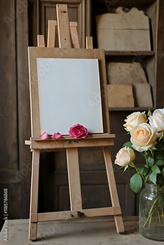 blank paper on wood stand andflowers. isolated for graphic design photo