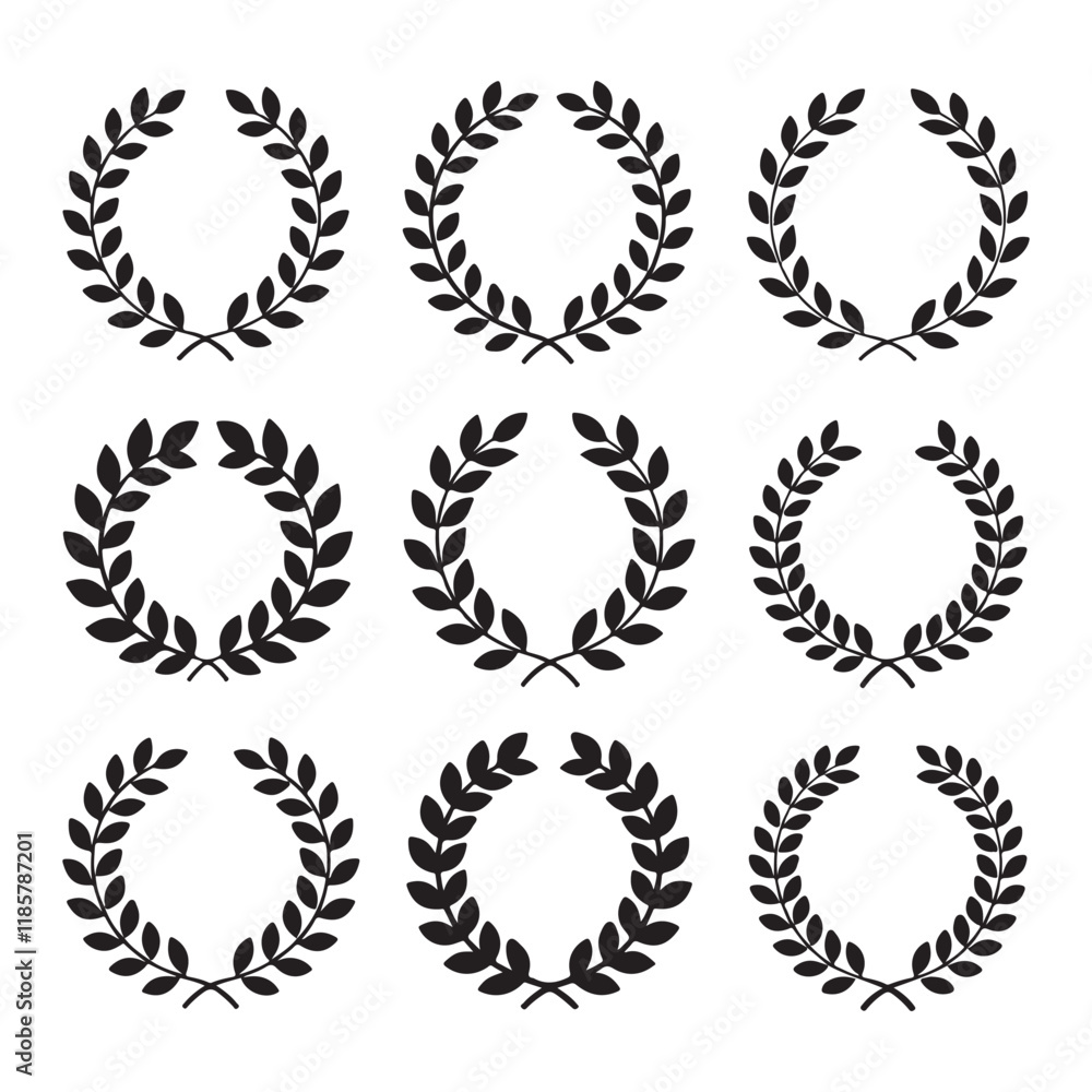 A set of Laurel wreath. Set outline silhouette hand drawn laurel wreaths isolated Doodle floral frames. Vector illustration A set of Laurel wreath. Set outline silhouette hand drawn laurel wreaths isolated Doodle floral frames. Vector illustration