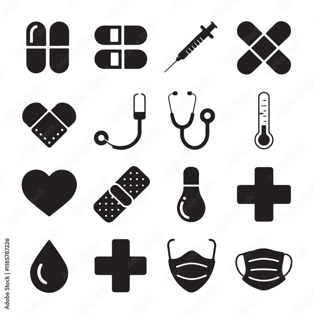 A set of lvector silhouette icons related to healthcare and medical A set of lvector silhouette icons related to healthcare and medical