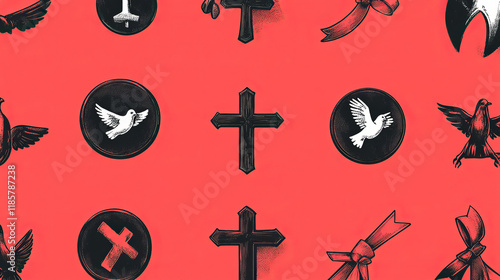 Easter sale and premium quality badge set. Easter cross, crucifix and dove bird red and black symbols with ribbon banner and flourishes. Spring holidays season special offer label design photo