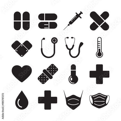 A set of lvector silhouette icons related to healthcare and medical