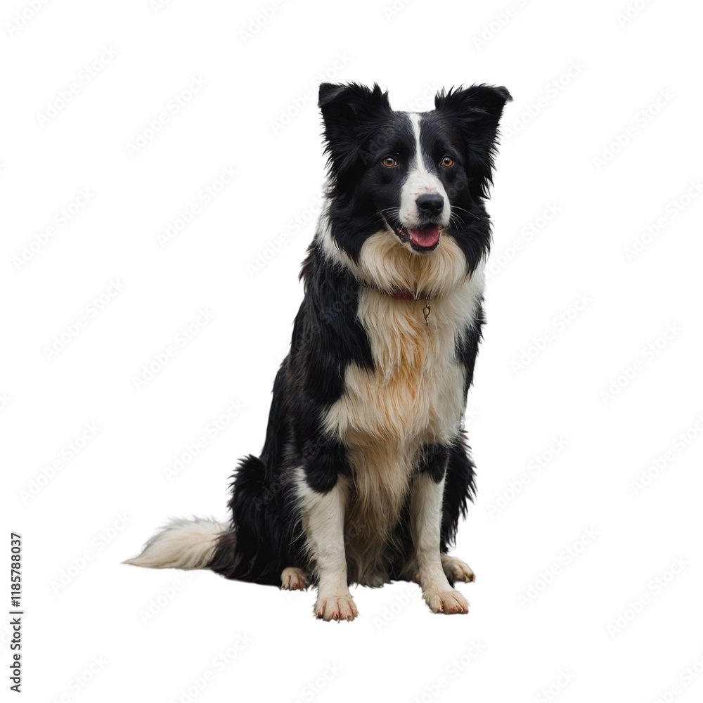 Fototapeta premium Border collie dog in a happy mood playing stand with full body, Isolated on Transparent Background, PNG Young Black and white Panting Border collie sitting and looking at the camera, One year old, 