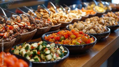 Turkish and balkan cuisine icon of kebab with grilled pepper, chicken liver with vegetables, baked beef, seafood risotto, meat dumpling, fried fish, liver pate, honey baklava with almond nuts photo