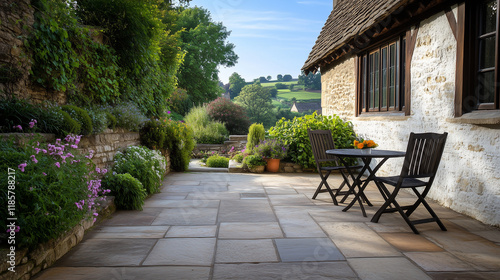 Quaint Stone Cottage Patio with Garden and Distant Landscape View