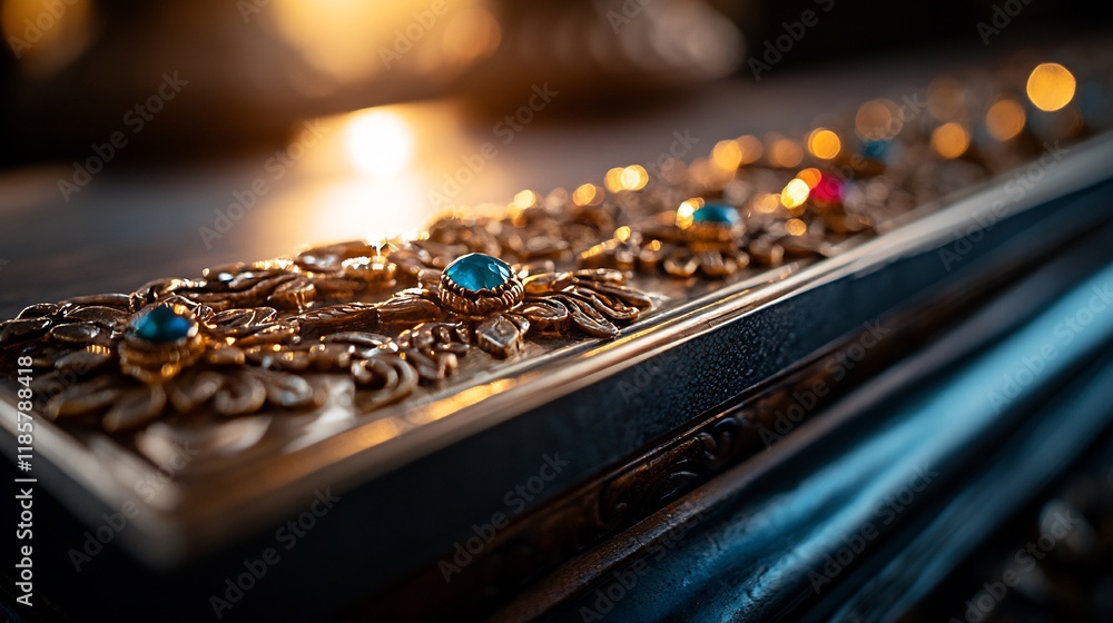 Close-up of Ornate Wooden Box with Turquoise Gemstones Close-up of Ornate Wooden Box with Turquoise Gemstones