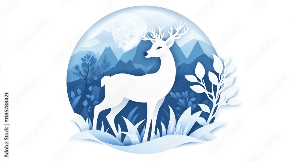 Papercut deer winter landscape, moonlit mountains, holiday card Papercut deer winter landscape, moonlit mountains, holiday card