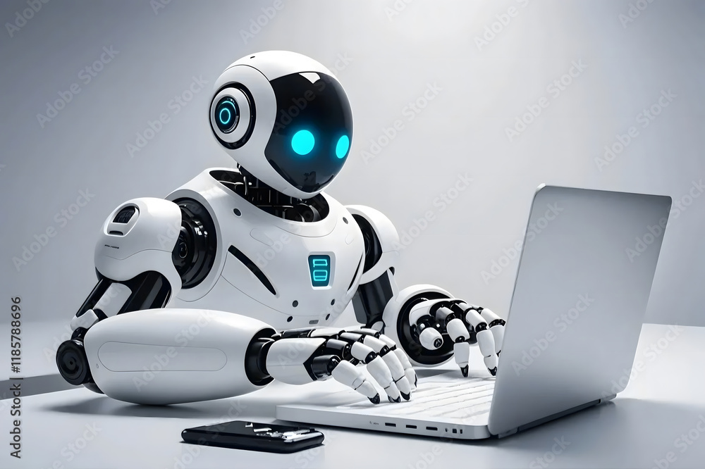 Fototapeta premium Artificial intelligence robot using laptop neon light futuristic technology 3d illustration banner, GPT chatbot icon. Artificial intelligence, trendy technology, support service,