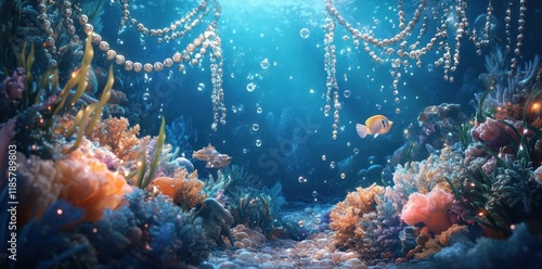 Underwater Scene with Pearls and Tropical Fish photo