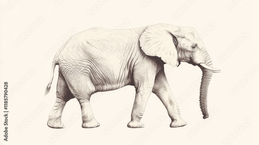 Fototapeta premium Detailed pencil sketch of an African elephant walking.