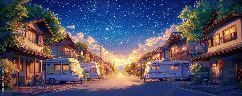 Fototapeta premium Tranquil Evening in a Suburban Neighborhood Under a Starry Sky with RVs and Charming Homes Illuminated by Sunset Glow
