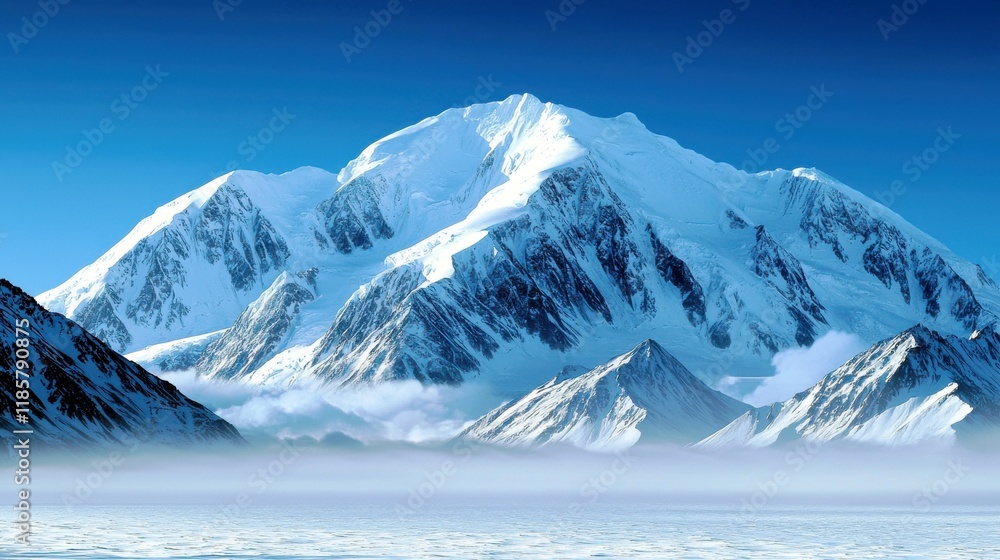 Obraz premium Majestic Snow-Capped Mountain Peaks Above Foggy Valley in Clear Blue Sky During Daylight in Stunning Natural Landscape