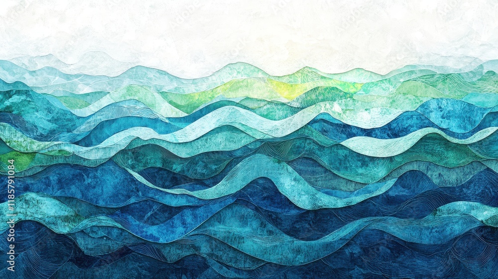 Fototapeta premium Abstract Watercolor Landscape of Rolling Hills and Waves