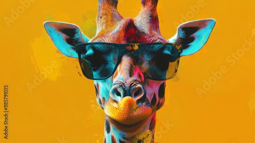 Abstract giraffe face with sunglasses painted in a bold artistic style.  photo