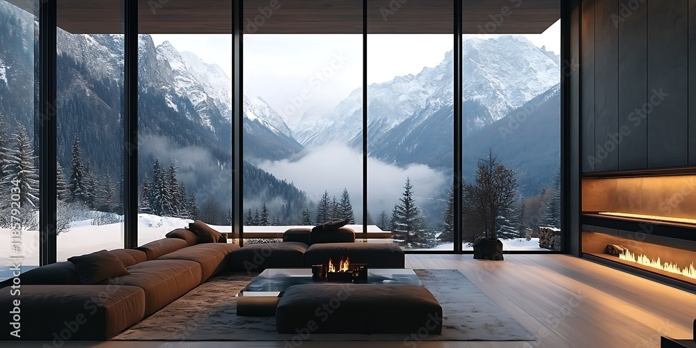 Obraz premium A stunning mountain retreat with floor-to-ceiling windows, a roaring fireplace, and views of the snowy peaks.
