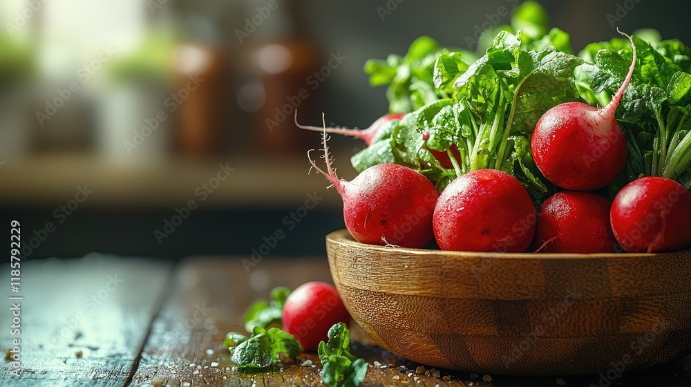 Freshly Harvested Radishes in Rustic Bowl on Wooden Table Freshly Harvested Radishes in Rustic Bowl on Wooden Table