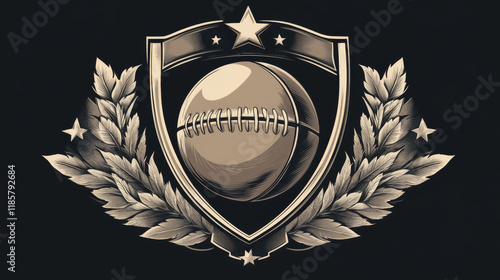 Football sport heraldic symbol of medieval shield with flying ball decorated by laurel wreath and stars. American football sports club or team badge design usage photo