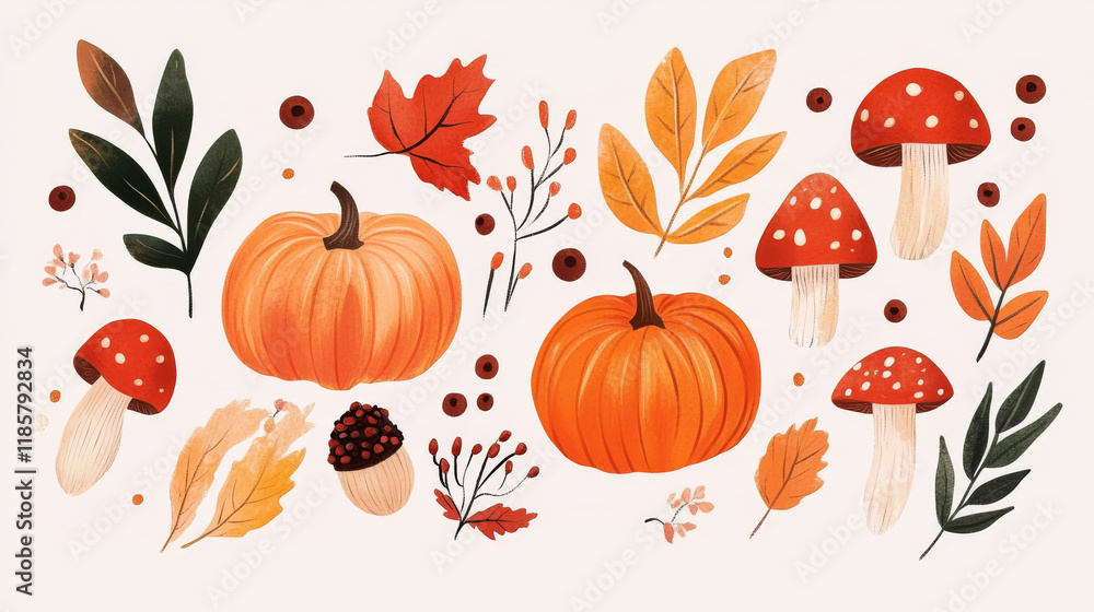 Hello Autumn poster with seasonal quote for fall holidays or sale festival. Vector design of autumn pumpkin, maple or rowan leaf, oak acorn and forest berry with mushroom Hello Autumn poster with seasonal quote for fall holidays or sale festival. Vector design of autumn pumpkin, maple or rowan leaf, oak acorn and forest berry with mushroom