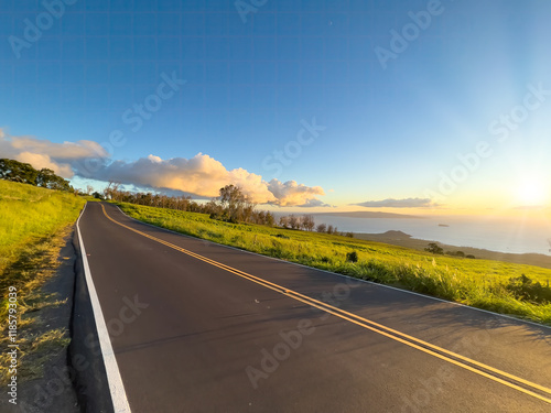 A road trip along the Maui South Piilani Highway during golden sunset hour