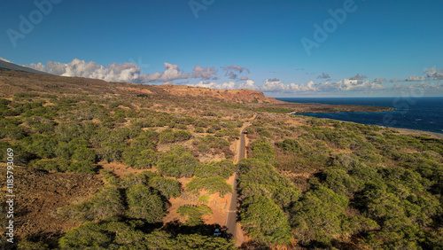 A road trip along the Maui South Piilani Highway during golden sunset hour photo