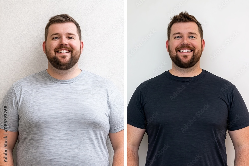 Man showcases impressive weight loss transformation with clear smile, standing against a neutral background Man showcases impressive weight loss transformation with clear smile, standing against a neutral background