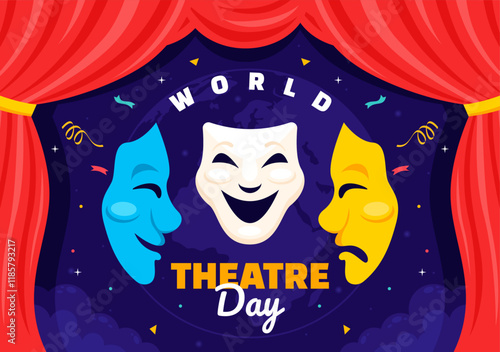 World Theatre Day Vector Illustration featuring Comedy and Tragedy Masks, Red Curtains, and Elements Celebrating Performing Arts and Entertainment