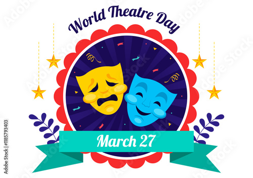 World Theatre Day Vector Illustration featuring Comedy and Tragedy Masks, Red Curtains, and Elements Celebrating Performing Arts and Entertainment