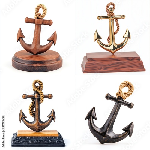 Four nautical anchors on wooden bases. photo