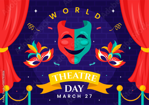 World Theatre Day Vector Illustration featuring Comedy and Tragedy Masks, Red Curtains, and Elements Celebrating Performing Arts and Entertainment