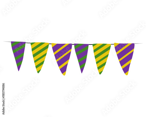 Triangular striped flags on a rope for Mardi Gras masquerade, holiday symbol in traditional colors for the entourage and design of a holiday poster or flyer