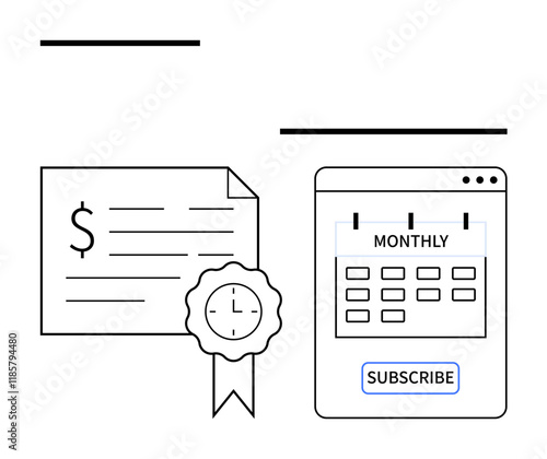 Certificate with dollar sign and seal, next to a calendar interface with a subscribe button and monthly label. Ideal for subscriptions, certificates, time management, billing, online services