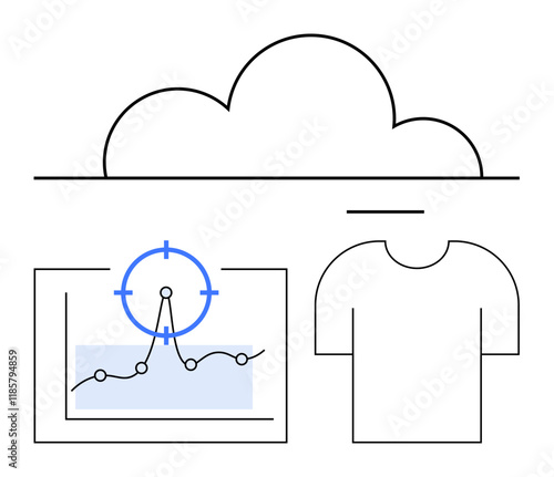 Cloud above data graph with pinpoint and T-shirt. Ideal for technology, analytics, customization, cloud computing, retail insights, predictive analytics, abstract line flat metaphor