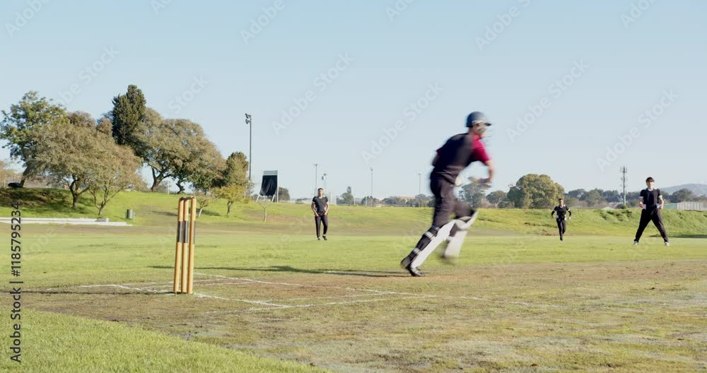 Cricket players on field preparing for match under clear blue sky Cricket players on field preparing for match under clear blue sky