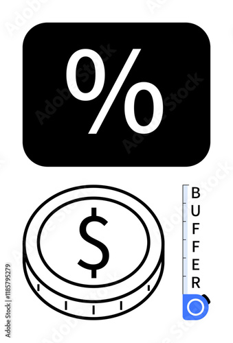 Percentage icon, coin with dollar sign, and vertical buffer gauge for financial analysis, budgeting, investment, economy, statistics, savings progress. Ideal for monetary concepts abstract line