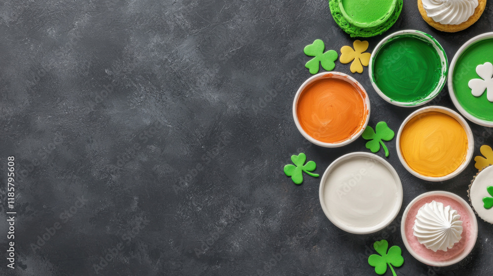 Colorful bowls of frosting in shades of green, orange, and white, adorned with shamrocks, perfect for St. Patrick's Day celebrations. Colorful bowls of frosting in shades of green, orange, and white, adorned with shamrocks, perfect for St. Patrick's Day celebrations.
