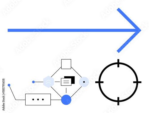 Blue directional arrow pointing ahead, connected flowchart elements showing processes, and a circular target symbol. Ideal for project management, workflow, business strategy, goal setting, teamwork