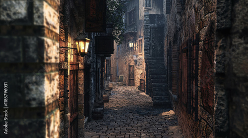 Narrow Alleyway in Ancient City with Cobblestone Path and Atmospheric Lighting