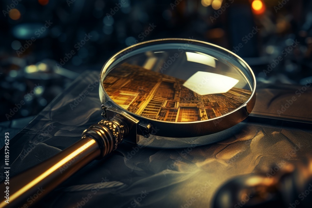 Magnifying glass revealing old photo of city street bathed in warm light, evoking investigation and discovery Magnifying glass revealing old photo of city street bathed in warm light, evoking investigation and discovery