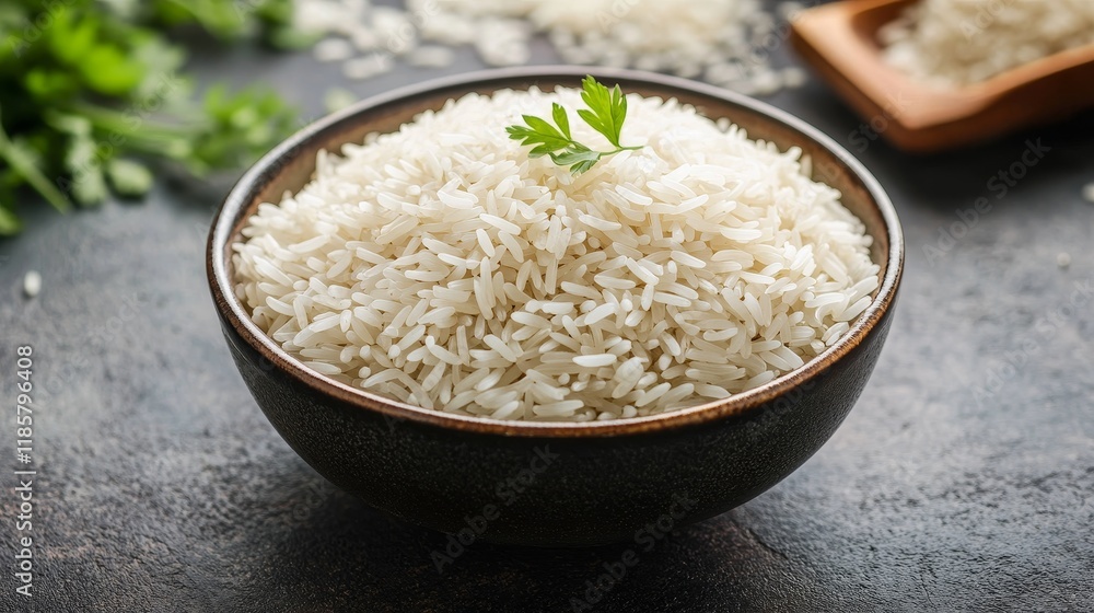 Heap of raw, delicious basmati rice in a bowl, showcasing the texture and quality of basmati rice, perfect for a variety of culinary dishes that highlight basmati rice s versatility. Heap of raw, delicious basmati rice in a bowl, showcasing the texture and quality of basmati rice, perfect for a variety of culinary dishes that highlight basmati rice s versatility.
