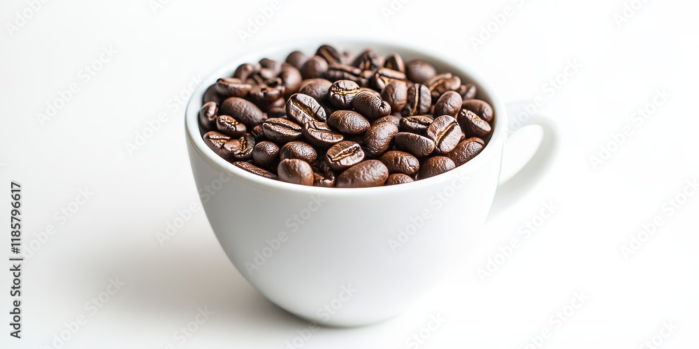 Fresh roasted coffee beans displayed in a white coffee cup, showcasing the rich aroma and texture of fresh roasted coffee beans against a clean white background. Ideal for coffee enthusiasts. Fresh roasted coffee beans displayed in a white coffee cup, showcasing the rich aroma and texture of fresh roasted coffee beans against a clean white background. Ideal for coffee enthusiasts.