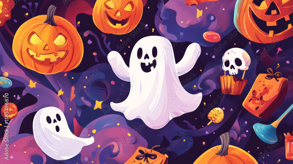 Halloween kawaii ghosts and holiday characters on amoeba blobs, cartoon vector. Halloween holiday sale banners with spooky pumpkin, scary candy sweets, skull and skeleton for shop promotion discount Halloween kawaii ghosts and holiday characters on amoeba blobs, cartoon vector. Halloween holiday sale banners with spooky pumpkin, scary candy sweets, skull and skeleton for shop promotion discount