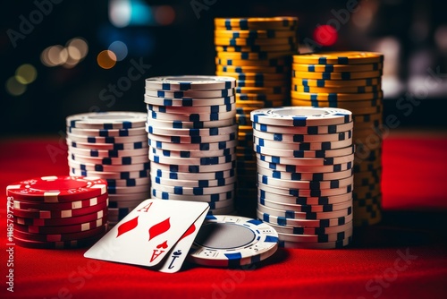 Pocket aces and stacks of poker chips sitting on a red felt casino table photo