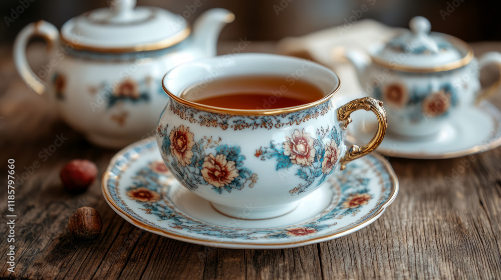 Elegant Teacup and Tea Set on Rustic Wood Table: Close-up of Vintage Porcelain with Gold Accents and Floral Design Elegant Teacup and Tea Set on Rustic Wood Table: Close-up of Vintage Porcelain with Gold Accents and Floral Design