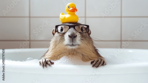 Small animal with glasses and a duck on its head is in a bathtub. The scene is playful and lighthearted, with the animal looking at the camera photo