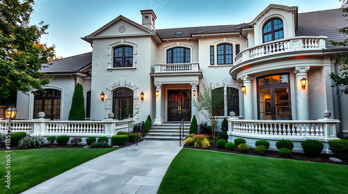 Fototapeta Naklejka Na Ścianę i Meble -  Exterior View of a Two-Story Classical-Style Residence