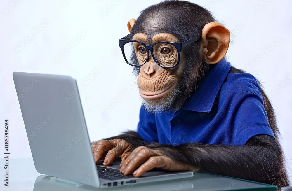 Monkey wearing glasses is sitting at a desk and typing on a laptop. Concept of humor and playfulness, as the monkey is dressed in a human-like manner and using a computer Monkey wearing glasses is sitting at a desk and typing on a laptop. Concept of humor and playfulness, as the monkey is dressed in a human-like manner and using a computer