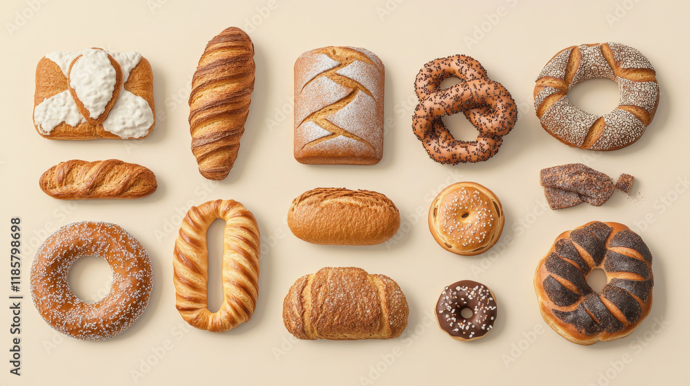 Fresh bakery icons in flat style with round loaf of rye bread on the wooden chopping board encircled by long loaf, toasts, french baguette, salty pretzel and sweet cookie, donut, croissant and bun Fresh bakery icons in flat style with round loaf of rye bread on the wooden chopping board encircled by long loaf, toasts, french baguette, salty pretzel and sweet cookie, donut, croissant and bun