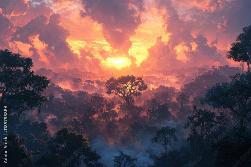Vibrant sunset over misty rainforest, single tree prominent. Perfect for travel, nature, or fantasy projects. Vibrant sunset over misty rainforest, single tree prominent. Perfect for travel, nature, or fantasy projects.